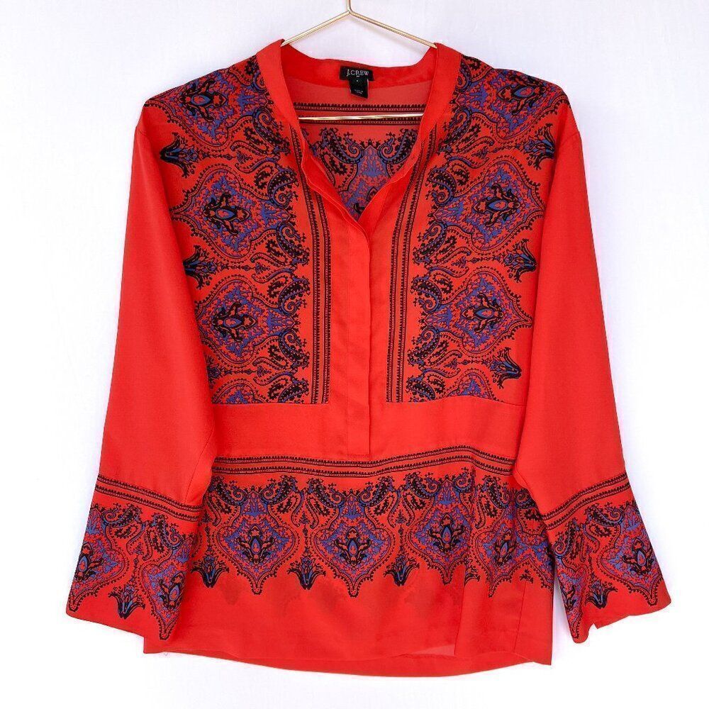 J. Crew Factory Red Orange Blue Paisley Long Sleeve Pop Over Top Small